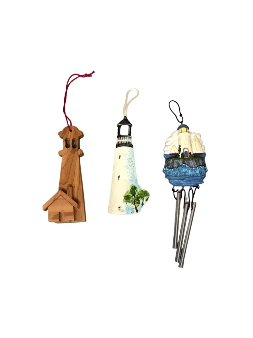 Lighthouse Decor Lot of 3 Chimes Ornaments Wooden Ceramic Blue Green Nautical